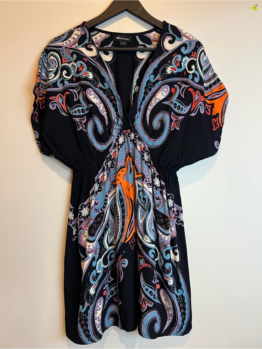 Seductions Paisley Empire Waist Tunic Top Boho V Neck Short Sleeve Large